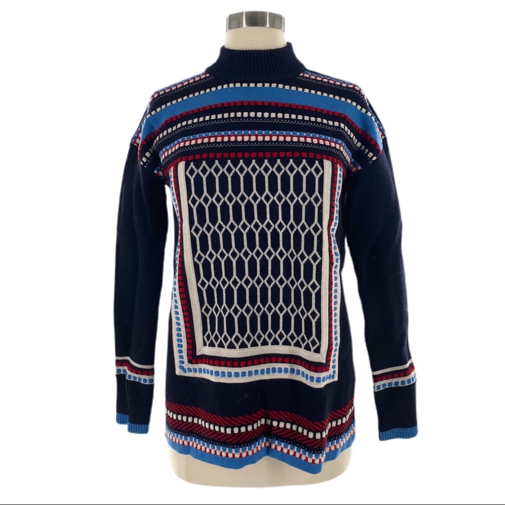 TORY BURCH Blue Red & White Knit Collared Sweater